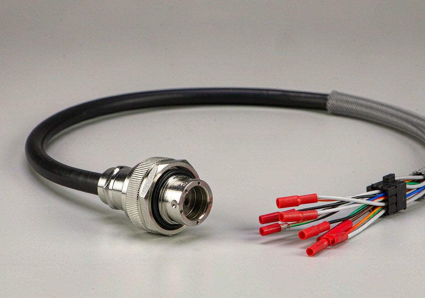 Sensor and encoder cable assembly with circular connector and ferrules
