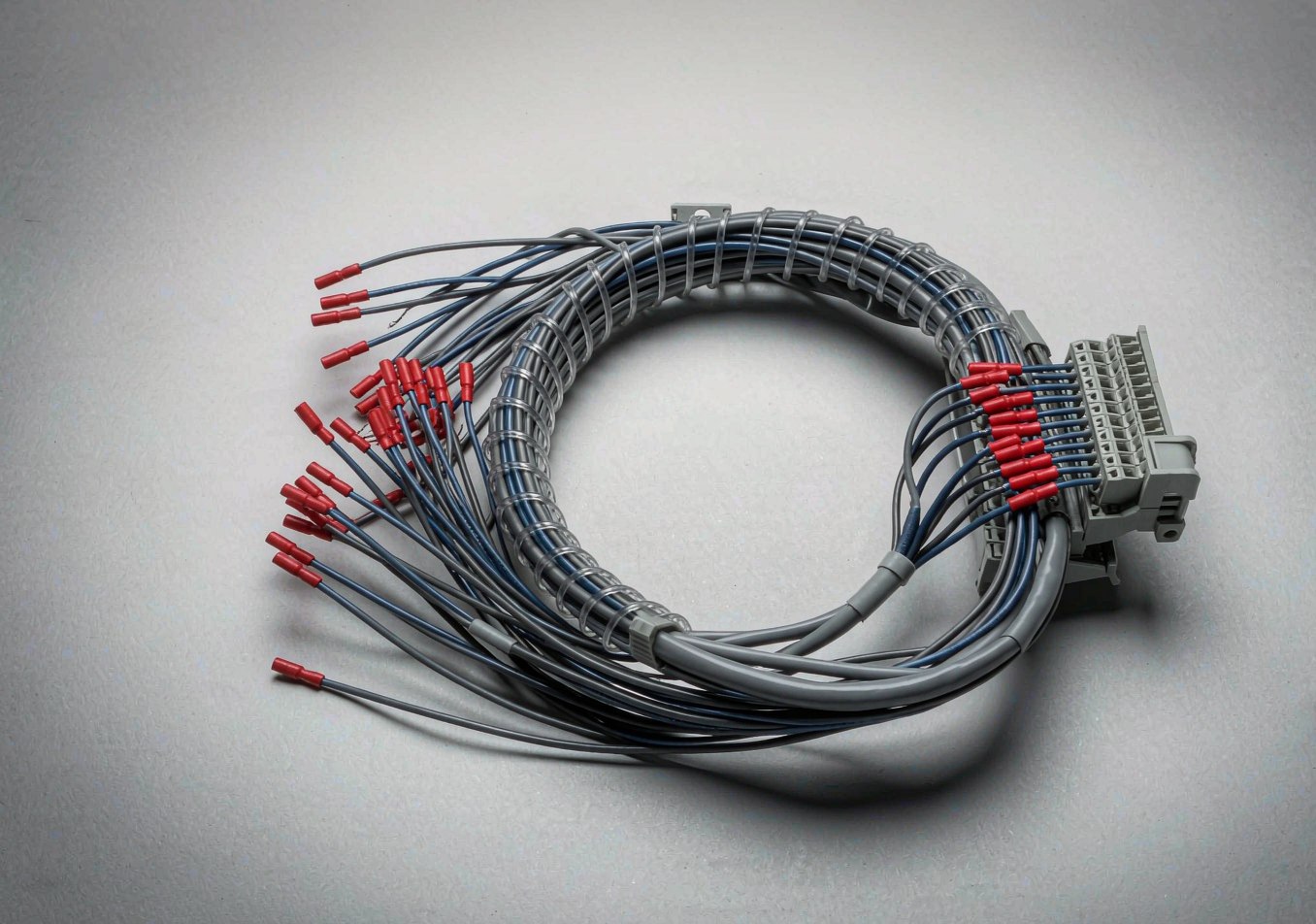 Industrial control harness with bootlace ferrules and terminal block