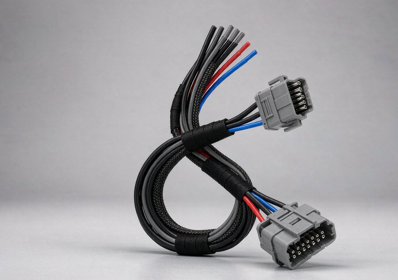Custom multi-branch wire harness with taped bundle and grey connectors